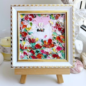 Bee Painting Honey Bee Original Art Pink Flower Artwork Mini Honeybee Colorful Wall Art Bumblebee Oil Impasto White Small Floral Art Framed