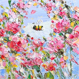 Bee Painting Honey Bee Original Art Pink Flower Artwork Honeybee Rose Art Bumblebee Oil Impasto Small Colorful Floral Art Meadow Textured
