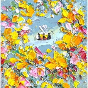 Bee Painting Honey Bee Original Art Orange Yellow Oil Impasto Flower Artwork Honeybee Colorful Art Bumblebee Small Pink Floral Mini Meadow