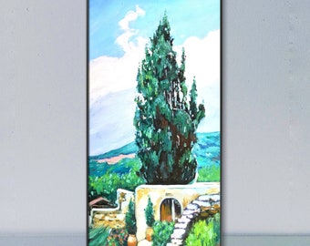 Tree Painting Poplar Original Art Cypress Oil Artwork on Canvas Long Green tree Wall Art Greece Nature Art Vertical Painting 12 by 24”