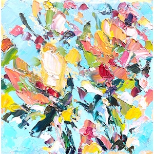 Blumen Malerei Floral Original Kunst Orange Wildblumen Kunstwerk Spachtel Impasto Öl Texturierte Wiese Bunte Abstrakte Moderne Kunst