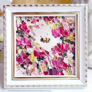 Bee Painting Bumblebee Original Art Pink Rose Artwork Mini Oil Impasto Nursery Flower Art Honeybee Girl Kids Room Small Floral Painting 4”