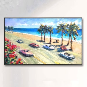 Florida Painting Beach Road Original Art Car Oil Artwork Retro Cars Impasto On Canvas Miami Beach Wall Art Palm Tree 12 by 20”