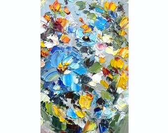 Flower Painting Abstract Floral Original Art Small Blue Orange Meadow Wall Art Palette Knife Impasto Oil Colorful Heavy Textured Mini 3d