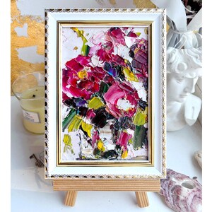 Flower Painting Peony Original Art Small Abstract Pink Red Floral Wall Art Palette Knife Impasto Oil Painting Textured Mini Peonies 3d