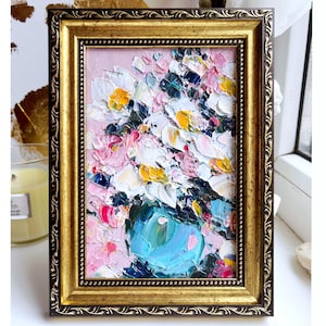 Floral Painting White Flower Original Art Small Impasto Oil Pink Abstract Artwork Modern Palette Knife Textured Mini Art Framed 4 by 6”