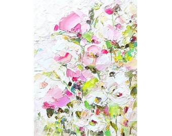 Abstract Floral Painting Flower Original Art Pink Rose Impasto Oil Artwork Small Tender Light Textured Wall Art Artwork White Roses