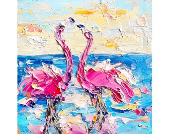 Peinture flamant rose art original tropical plage rose à l'huile empâtement oiseau animal mur coloré art couteau à palette Art Texture Art 6 par 6"