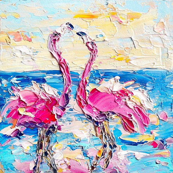 Flamingo Painting Tropical Original Art Pink Beach Oil Impasto Bird Animal Colorful Wall Art Palette knife Art Texture Art 6 by 6”