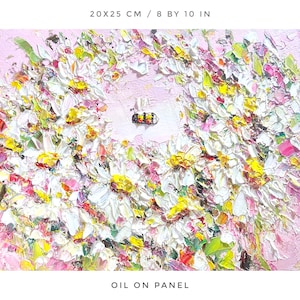Bee Painting Bumblebee Original Art White Daisy Flower Artwork Honeybee Camomile Meadow Honey Bee Oil Impasto Textured Pink Floral 3d