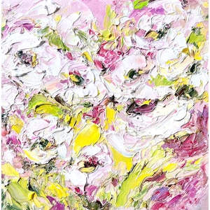 Floral Painting Abstract Flower Original Art Small White Rose Artwork Oil Impasto Wall Art Palette Knife Textured Modern Pink Meadow 6 by 6”
