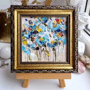 Flower Painting Abstract Floral Original Art Small Forget me Not Oil Impasto Artwork Textured Mini Blue Summer Meadow