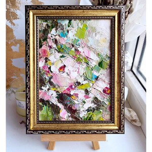 Rose Painting Abstract Flower Original Art Small Colorful Pink Floral Wall Art Palette Knife Impasto Oil Artwork Rose Textured Gold Framed