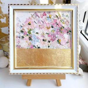 Floral Painting Abstract Flower Original Art Small White Rose Artwork Oil Impasto Art Palette Knife Textured Modern Pink Gold Meadow Framed