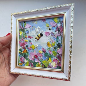 Bee Painting Honey Bee Original Art Flower Artwork Mini Honeybee Colorful Wall Art Bumblebee Oil Impasto Small Pink Floral Art Painting 3d image 6