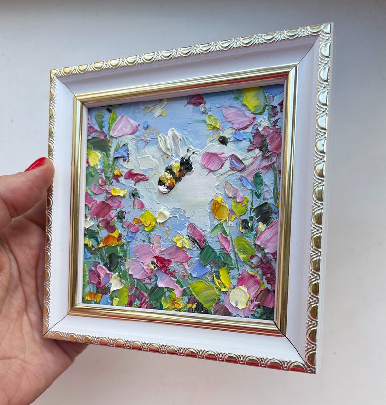 Bee Painting Honey Bee Original Art Flower Artwork Mini Honeybee Colorful Wall Art Bumblebee Oil Impasto Small Pink Floral Art Painting 3d image 6