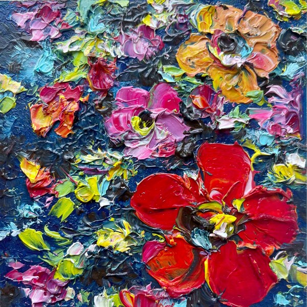 Peinture de fleurs abstraites Petit art floral original Mini Texture lourde Œuvre d’art murale empâtée colorée Art à l’huile brillant Noir 4 »