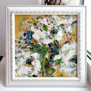 Flower Painting Floral Original Art Oil Impasto Abstract White Peony Artwork Small Wall Art Textured Botanical Modern Art Framed 8”
