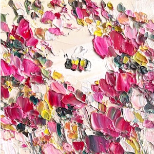Bee Painting Bumblebee Original Art Pink Flower Artwork Mini Oil Impasto Colorful Art Honeybee  Small Tender Floral Beige Rose 4”