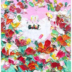 Bee Painting Honey Bee Original Art Pink Flower Artwork Mini Honeybee Colorful Poppy Art Bumblebee Oil Impasto Small Red Poppies Floral Art