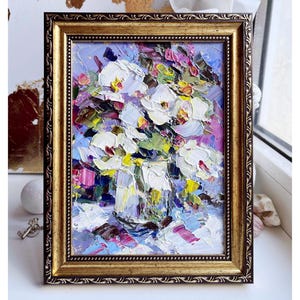 Fleur peinture abstraite fleur art original petit blanc botanique art couteau à palette empâtement peinture à l&#39;huile texturé bouquet violet or encadré