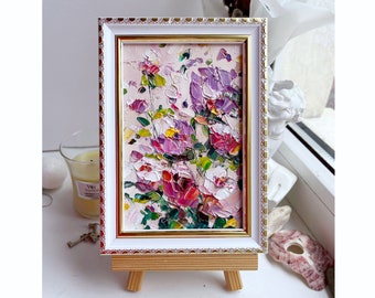 Rose peinture fleur abstraite art original petit floral coloré art mural couteau à palette empâtement peinture à l'huile lourd texturé Mini encadré