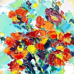 Poppy Painting Flower Original Art Orange poppies artwork Oil impasto textured Red Green Colorful Abstract Poppy small Birth Floral Modern