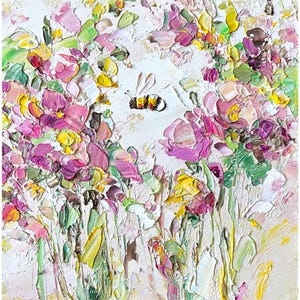 Bee Painting Honey Bee Original Art Pink Flower Artwork Honeybee Colorful Wall Art Bumblebee Oil Impasto Floral Art Meadow Kids room Nursery