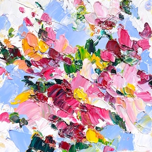 Flower Painting Floral Original Art Pink Wildflower Artwork Palette Knife Impasto Oil Textured  Meadow Colorful Abstract Modern Art