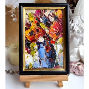 Poppy Painting Flower original art red Orange poppies artwork Oil impasto textured floral in blue vase small mini art on paper Abstract