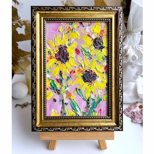 Sonnenblume Malerei Blume Original Art Gelb floral Rosa Kleine Öl Impasto Kunstwerk Schwere Textur Mini 3D Abstrakt Gold Eingerahmt