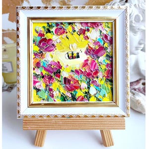 Bee Painting Honey Bee Original Art Pink Rose Flower Artwork Mini Honeybee Colorful Yellow Art Bumblebee Oil Impasto Small Floral Art 3d