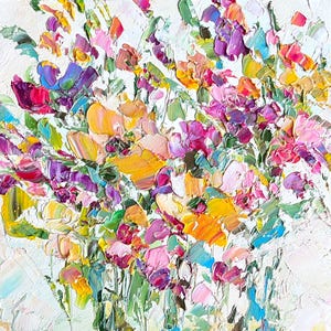 Peinture florale fleur Art mural rose fleurs sauvages, art mural, couteau à palette, empâtement, oeuvre d&#39;art à l&#39;huile, prairie colorée, abstrait texturé moderne, 20 cm (8 po.)