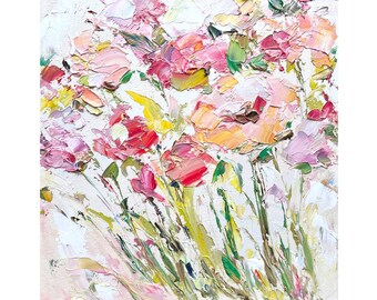 Flower Painting Floral Original Art Abstract Oil Impasto Artwork Textured Wall Art Pink Orange Meadow Light Small Modern Art 8 by 8”