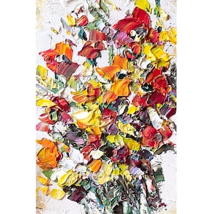Blumen Malerei Abstrakt Floral Original Kunst kleine Orange Wiese Wand Kunst Palettenmesser Impasto Öl Bunt Strukturiert Mini 3d