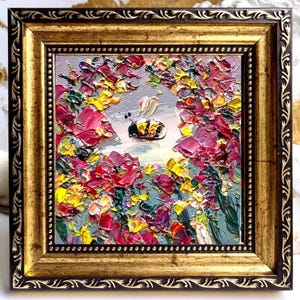 Bee Painting Honey Bee Original Art Flower Artwork Mini Honeybee Colorful Floral Art Bumblebee Oil Impasto Small Pink Grey Kids Gold Framed