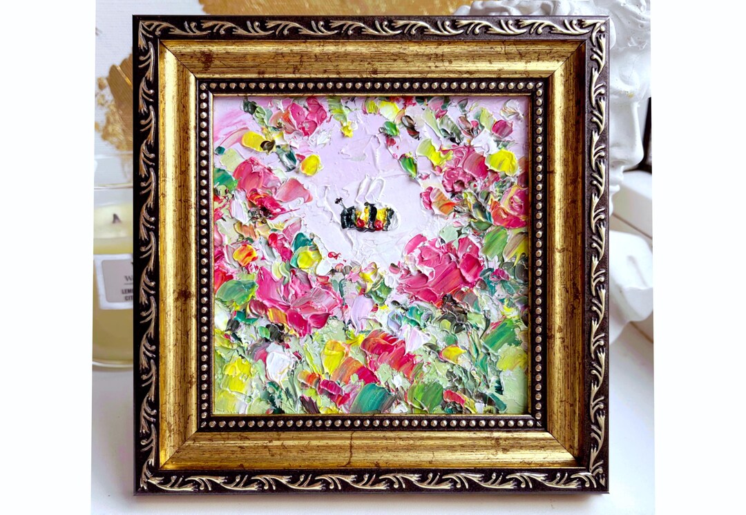 Bee Painting Bumblebee Original Art Little Pink Rose Artwork Mini ...