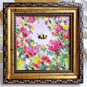 Bee Painting Bumblebee Original Art Little Pink Rose Artwork Mini Flower Oil Impasto Colorful Art Honeybee Small Tender Floral Framed 4”