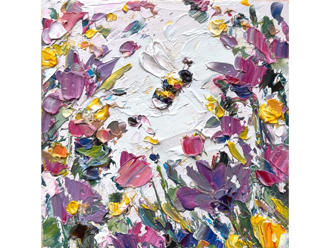 Bee Painting Honey Bee Original Art Purple Flower Artwork Mini Honeybee ...