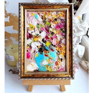 Floral Painting Abstract Flower Original Art Small Pink Pink Colorful Art Palette Knife Impasto Oil Painting Textured Mini Gold Framed