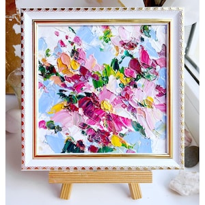 Flower Painting Floral Original Art Pink Wildflower Artwork Palette Knife Impasto Oil Textured  Meadow Colorful Abstract Modern Art