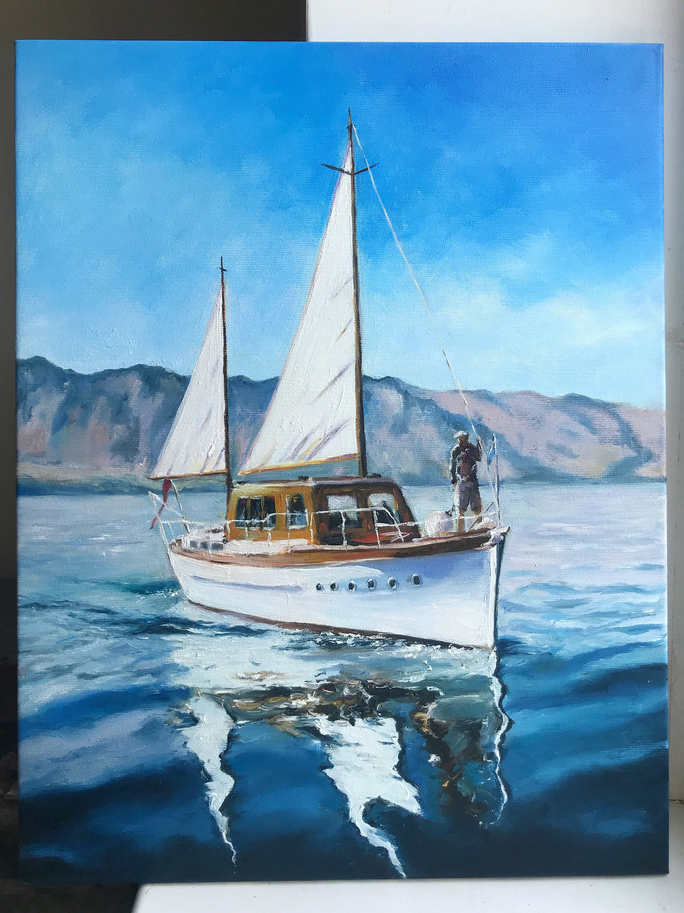 White Sailboat original oil painting Sea Sailing boat artwork Etsy