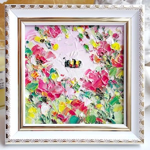 Bee Painting Bumblebee Original Art Little Pink Rose Artwork Mini Flower Oil Impasto Colorful Art Honeybee Small Tender Floral 4”