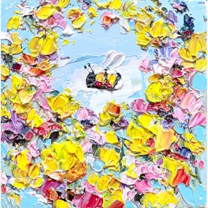 Bee Painting Honey Bee Original Art Yellow Flower Artwork Honeybee Colorful Wall Art Bumblebee Oil Impasto Small Floral Mini Meadow Framed