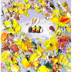 Bee Painting Honey Bee Original Art Yellow Flower Artwork Honeybee Colorful Art Bumblebee Oil Impasto Small Floral Mini Meadow Framed 3D