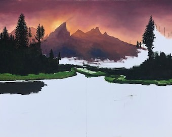 Custom Hand-Painted Landscape Oil on Canvas of Mountains at Sunset