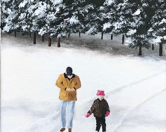 Custom Hand-Painted Portrait Walk In The Woods Father And Daughter Oil on Canvas