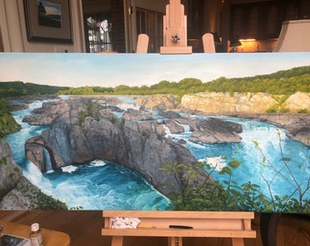 Custom Hand-Painted Landscape Oil on Canvas Great Falls Park