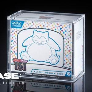 May include: A transparent acrylic display case for a Pokémon Elite Trainer Box. The box art features a large blue outline of Snorlax. The box is labelled "Scarlet & Violet 151" and "Elite Trainer Box". The case is designed to protect and showcase the collectible.
