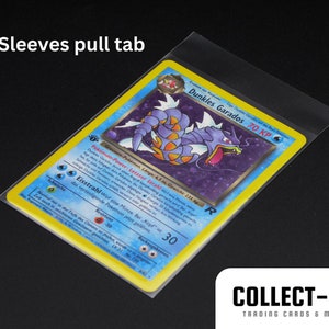 Könnte beinhalten: Eine transparente Plastikhülle mit einem Zuglaschen, die zum Aufbewahren und Schützen von Sammelkarten gedacht ist. Die Hülle enthält eine Pokemon-Karte mit einem lila und orangefarbenen Garados mit dem Text "Dunkles Garados 70 KP" und "Pokémon-Power Letzter Strahl".